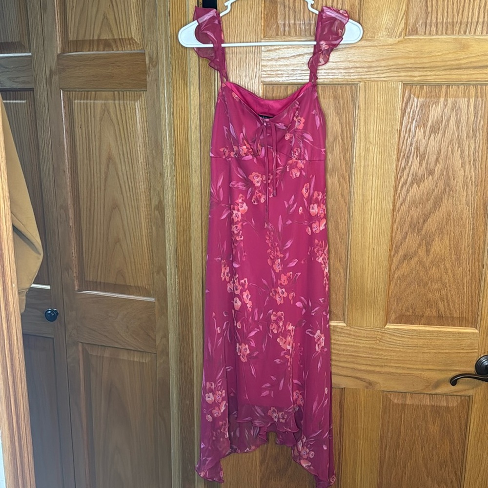 New York & Company Raspberry Floral Ruffle-Strap Midi Dress